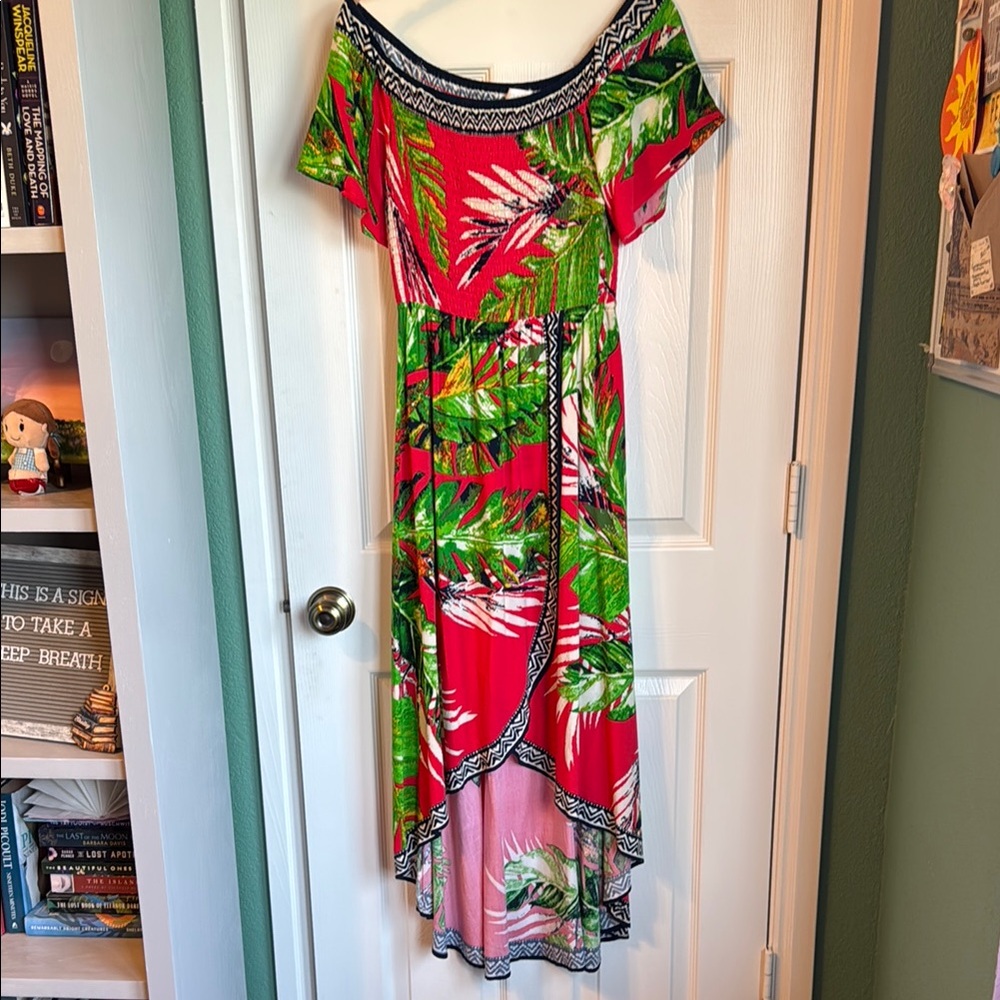 Jealous Tomato Red and Green Off-Shoulder Flutter Sleeve Sundress
